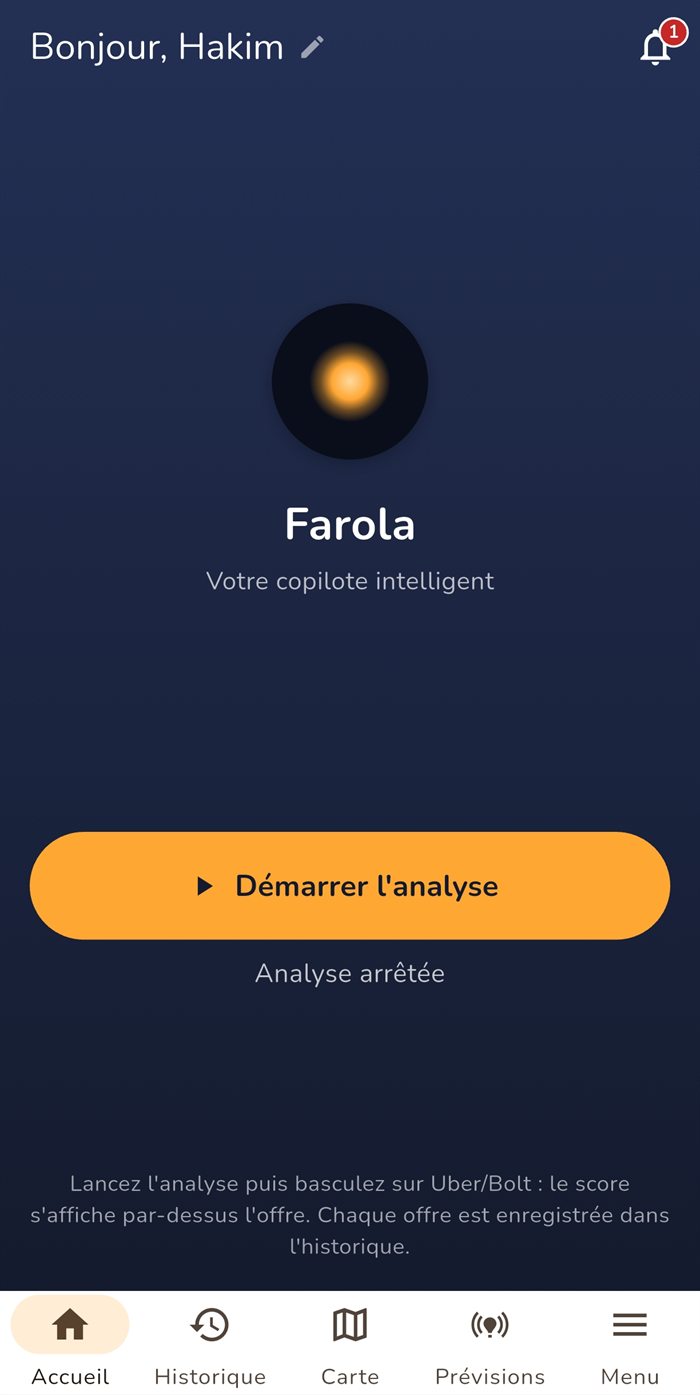 Écran d'accueil de Farola avec le bouton Démarrer l'analyse