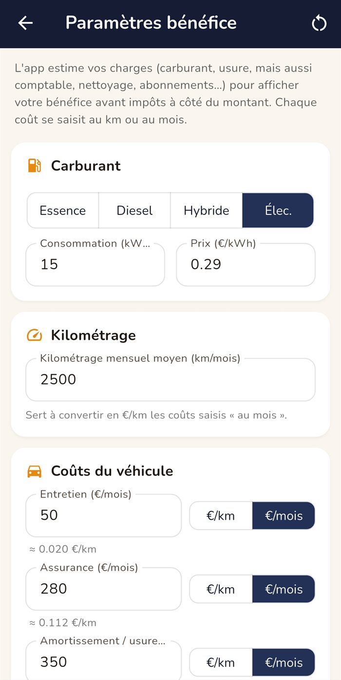 Écran Paramètres bénéfice : type de carburant, consommation et prix, kilométrage mensuel, puis entretien, assurance et amortissement, saisis au kilomètre ou au mois